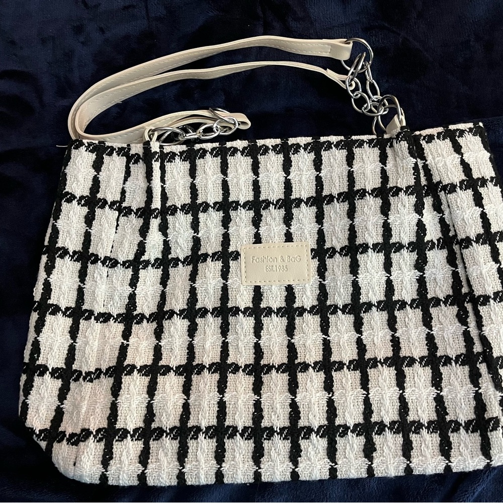 Black and White Checkered Shoulder Bag with Metallic Detailing